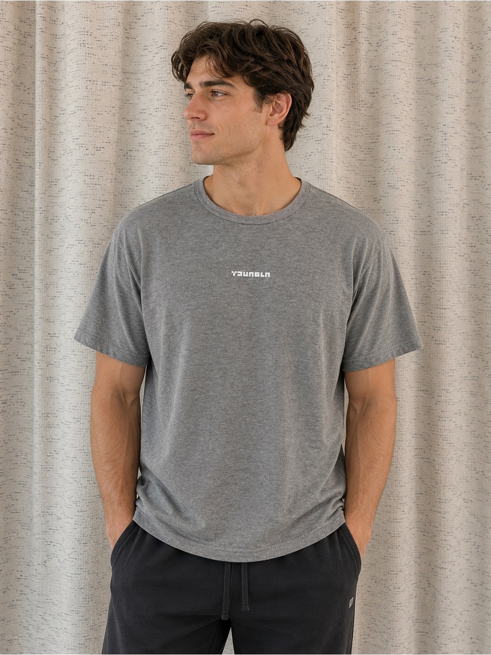 YoungLA Gray Short Sleeve Crewneck T-Shirt with Chest Logo